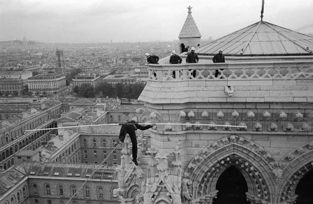 Philippe Petit at the Notre Dame towers, 1971